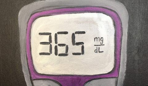 After I was diagnosed, I was in my honeymoon for a relatively long time which I was pretty happy about and I didn’t really see what all the fuss was about. When my numbers became more sporadic I was in shock. I was used to being a diabetes superstar that had “perfect” numbers which made it easy to blame myself for my readings and other problems that arose with diabetes. My doctor kept telling me that it was just a number and at first it was very hard for me to internalize what she said. I was constantly thinking: “This is my fault,” and “What am I doing wrong?” I know that being 600 for a week is definitely not good, but creating stress where it wasn’t really needed was not good either. So I made this painting to serve as a reminder that at the end of the day it really is just a number.